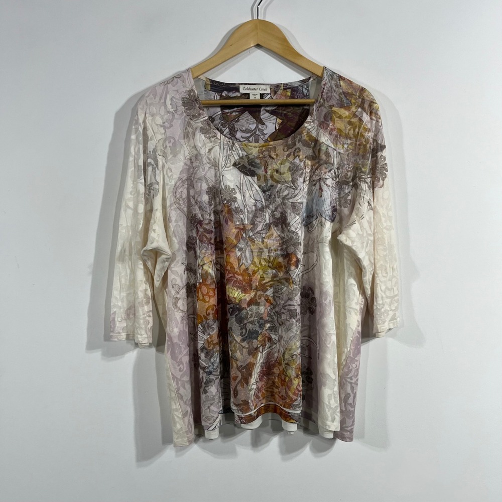 Coldwater Creek Floral Burnout Artsy Boho Top Multi-Color Womens 2x Mature Chic